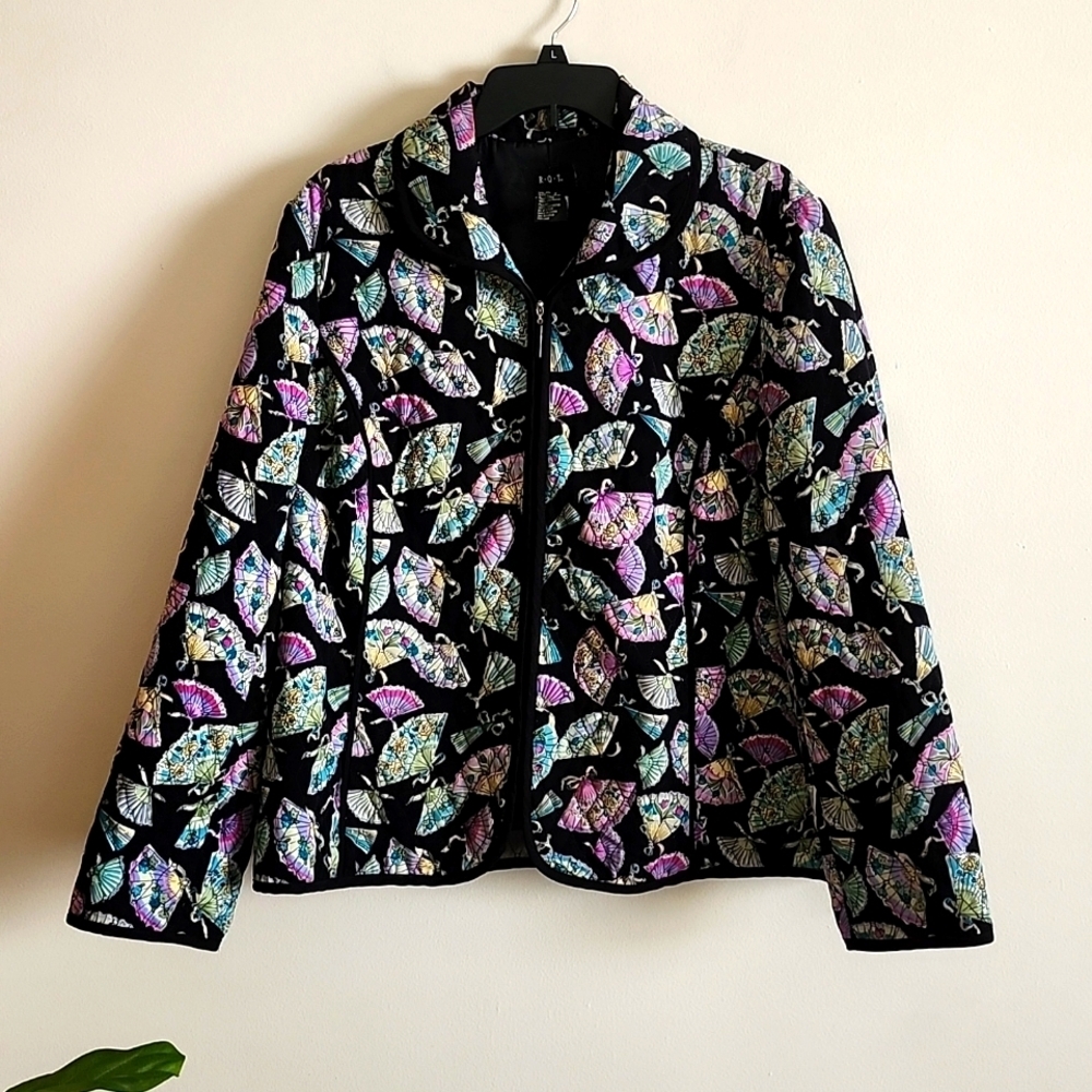 RQT Fan Print Quilted Zip Up Jacket, Asian Inspired, Lightweight Women's XL
